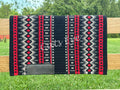 Hand-woven western show pad with a black base featuring geometric diamond patterns in charcoal grey, silver-grey, and vibrant red accents with black wear leathers.