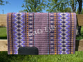 Hand-woven western show pad with a dusty mauve base featuring geometric diamond patterns in periwinkle lavender, deep purple, crisp white, light cyan and marigold yellow accents with black wear leathers.