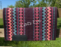 Hand-woven western show pad with a dark plum base featuring geometric diamond patterns in turquoise, sandy beige, vibrant hot pink, and peach accents with black wear leathers.